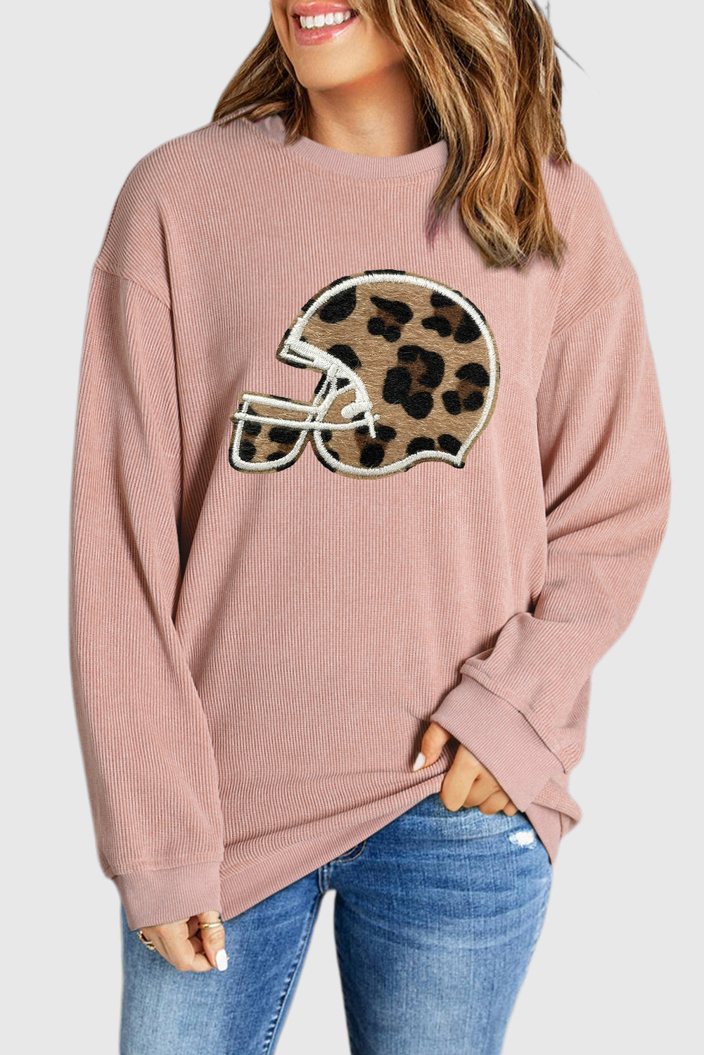 Solid Ribbed Knit Baseball Helmet Graphic Casual Sweatshirt