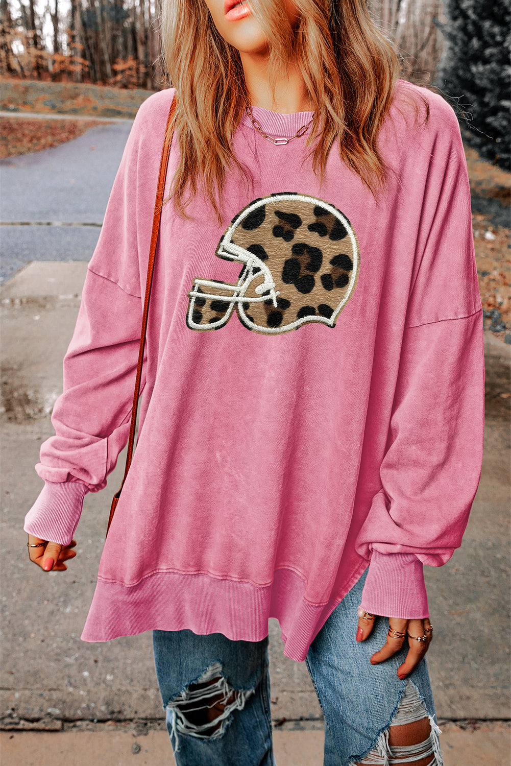 Pink Split Hem Oversized Sweatshirt with Leopard Baseball Helmet