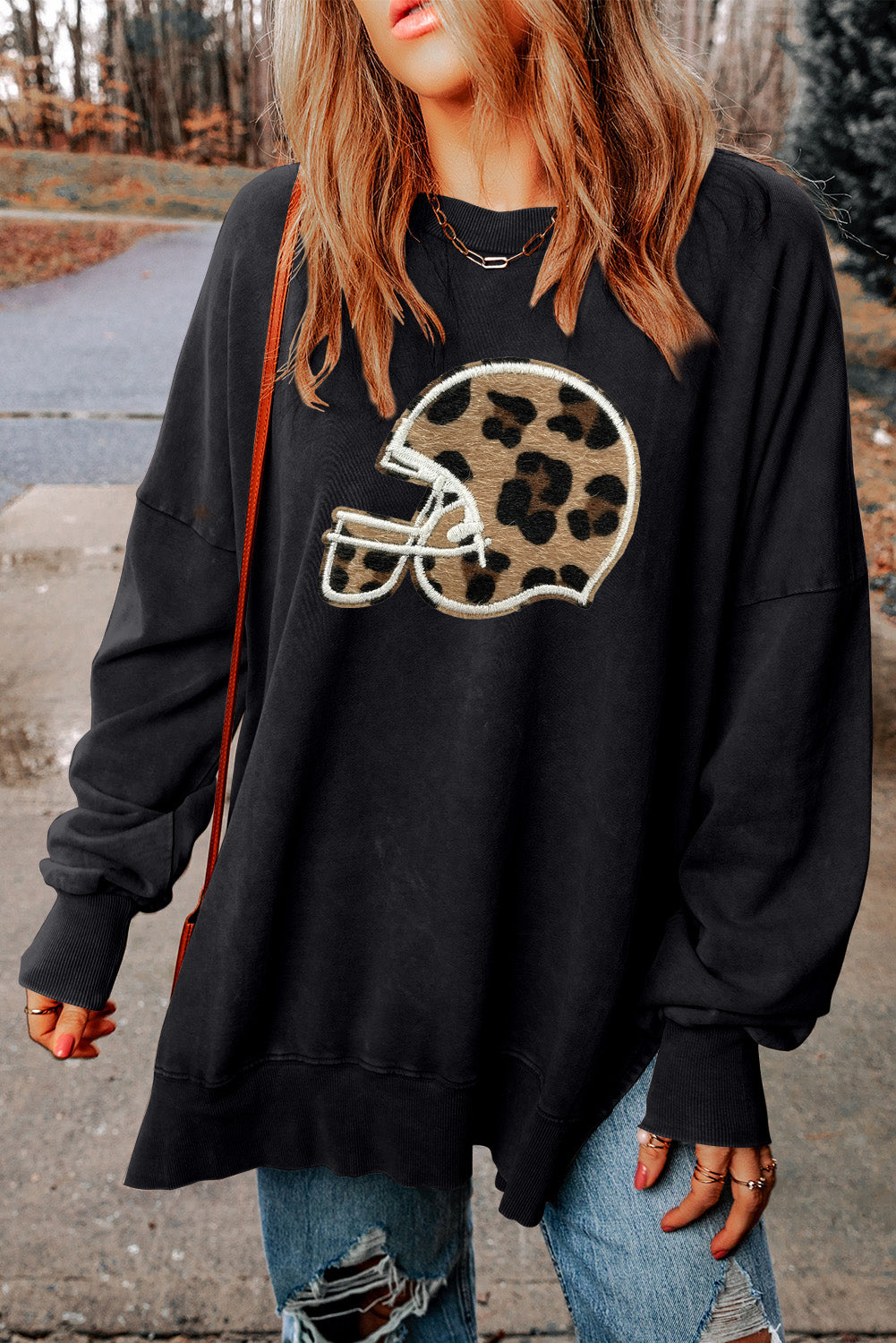 Pink Split Hem Oversized Sweatshirt with Leopard Baseball Helmet