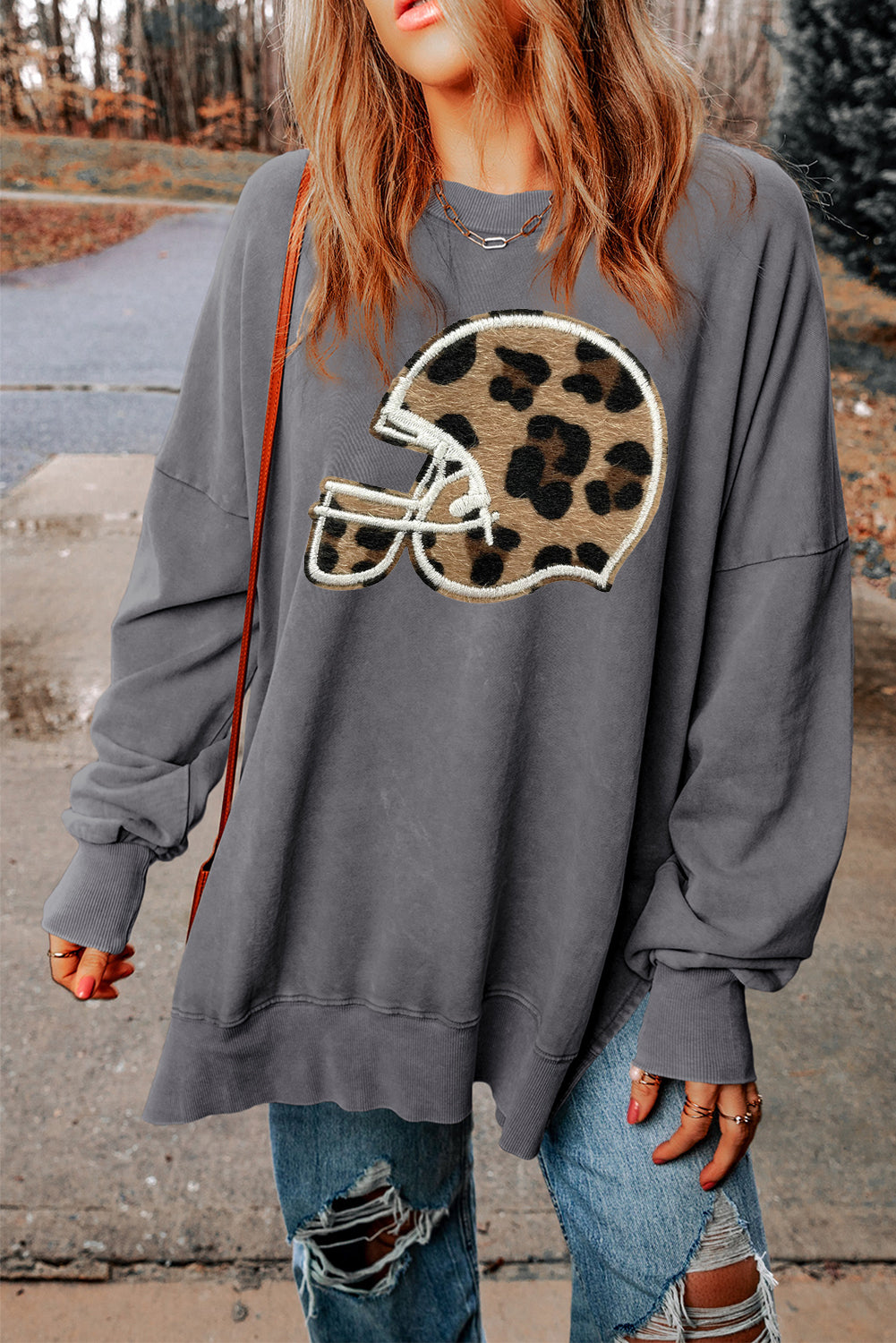 Pink Split Hem Oversized Sweatshirt with Leopard Baseball Helmet