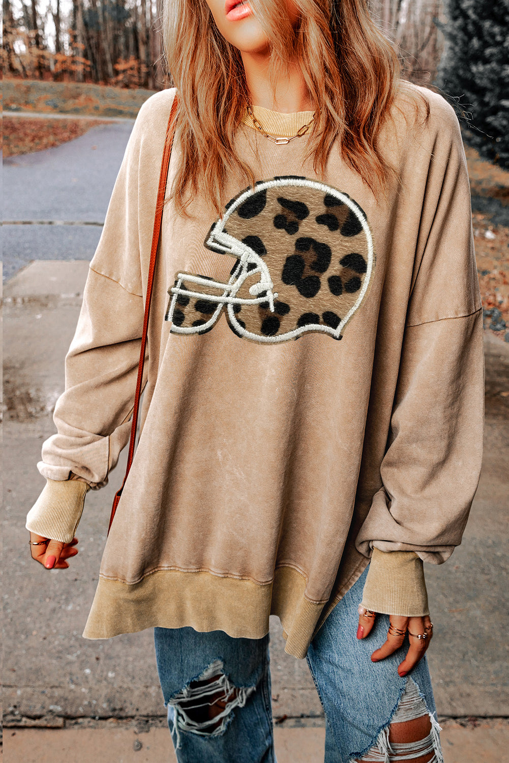 Pink Split Hem Oversized Sweatshirt with Leopard Baseball Helmet