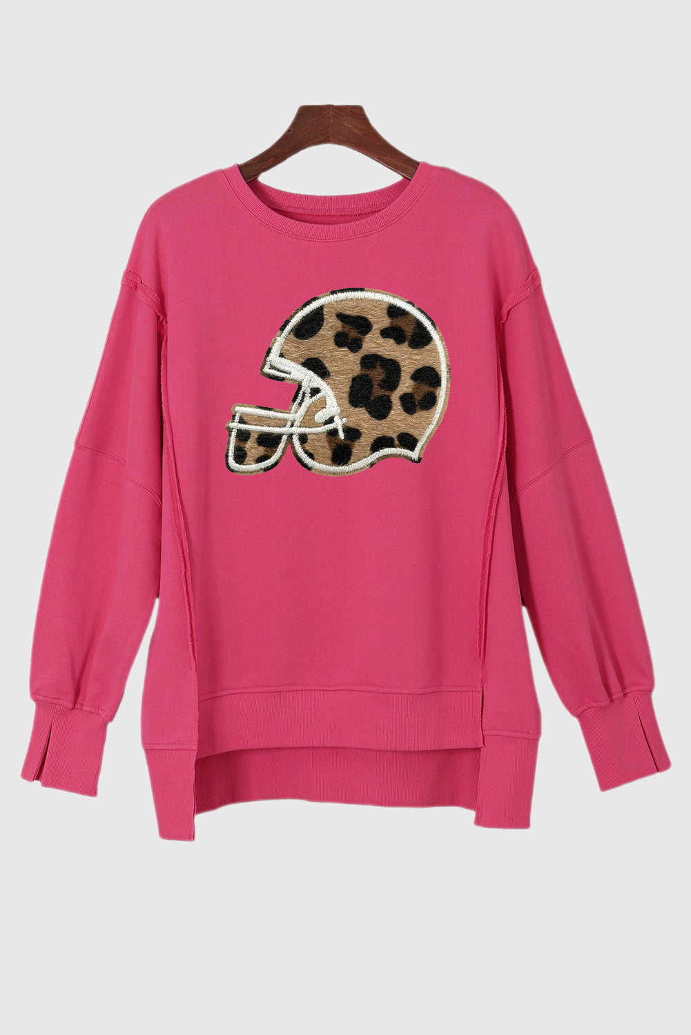 Rose Drop Shoulder Split Hem Sweatshirt with Leopard Helmet Patch