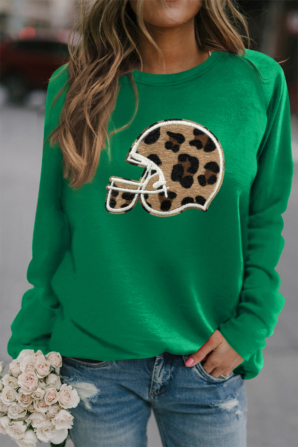 Casual Leopard Helmet Patch Raglan Sleeve Crewneck Sweatshirt