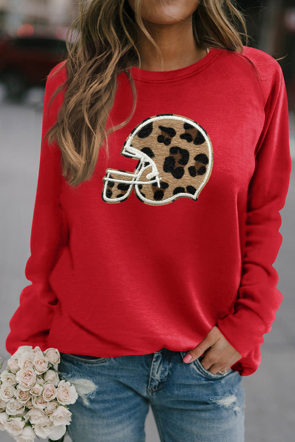 Casual Leopard Helmet Patch Raglan Sleeve Crewneck Sweatshirt