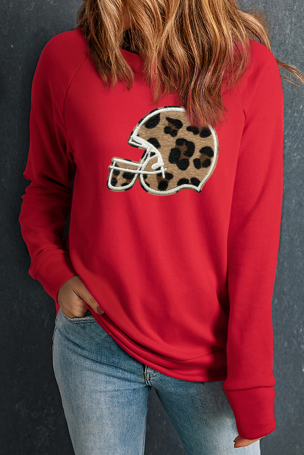 Casual Leopard Helmet Patch Raglan Sleeve Crewneck Sweatshirt