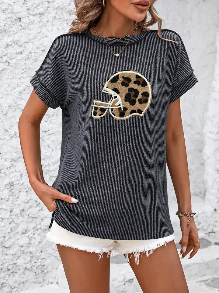 Loose Fit Leopard Baseball Helmet Knit Summer T Shirt