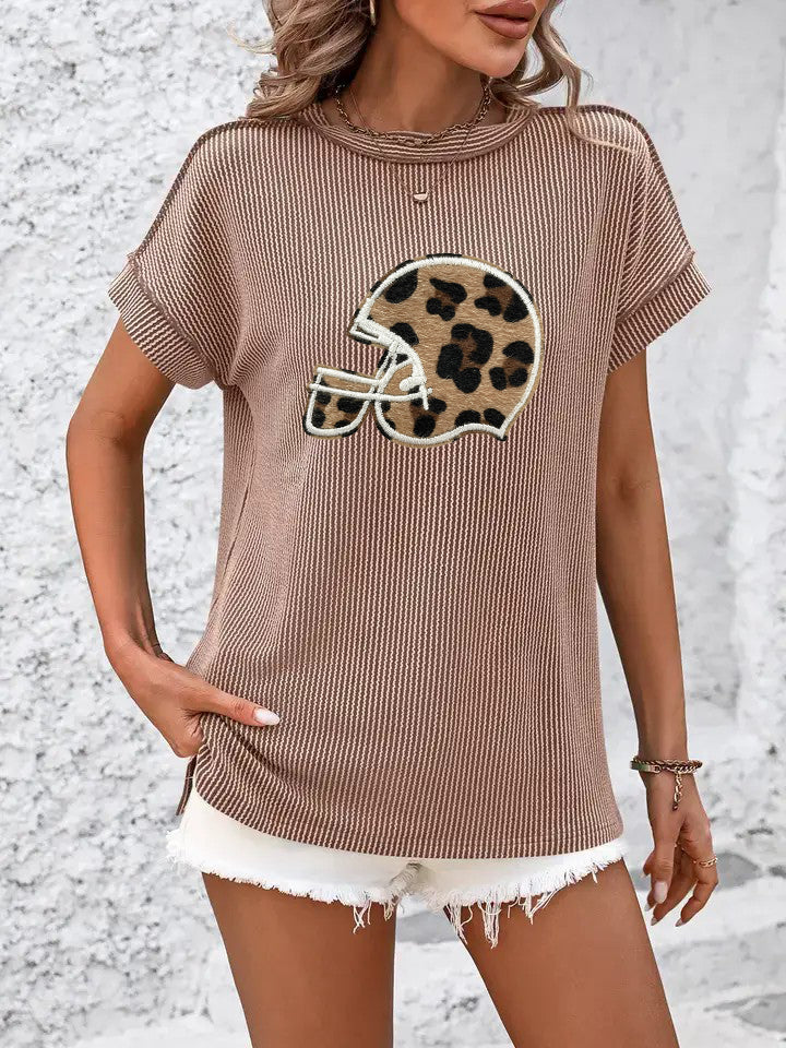 Loose Fit Leopard Baseball Helmet Knit Summer T Shirt