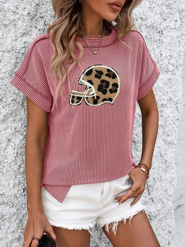 Loose Fit Leopard Baseball Helmet Knit Summer T Shirt