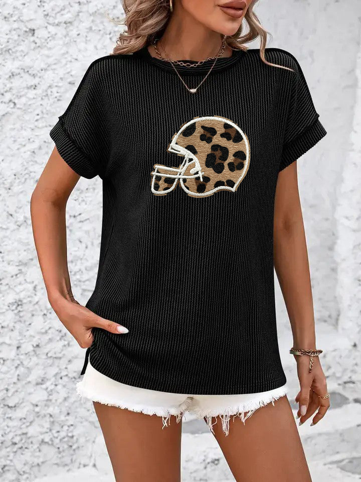 Loose Fit Leopard Baseball Helmet Knit Summer T Shirt