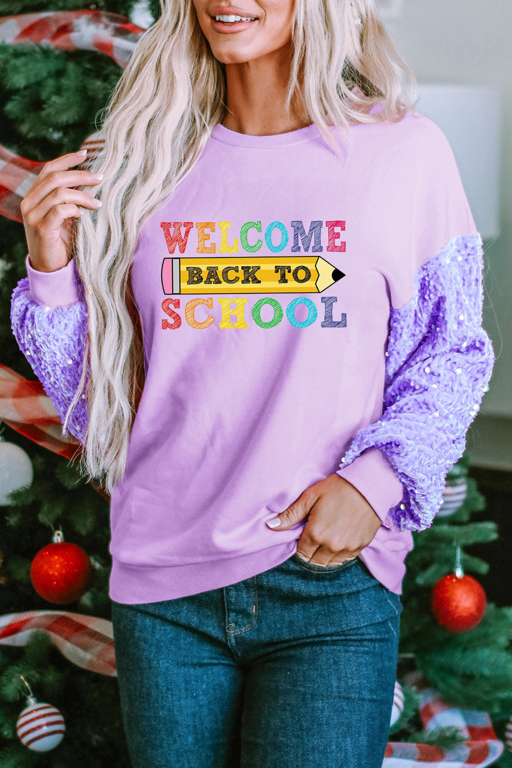 Pink Sequin Sleeve Back to School Graphic Sweatshirt