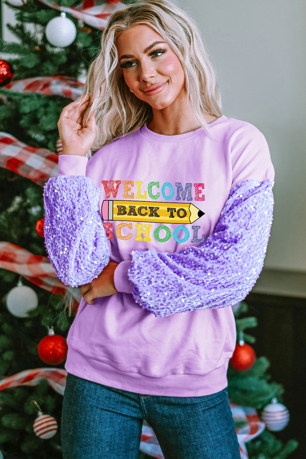 Pink Sequin Sleeve Back to School Graphic Sweatshirt