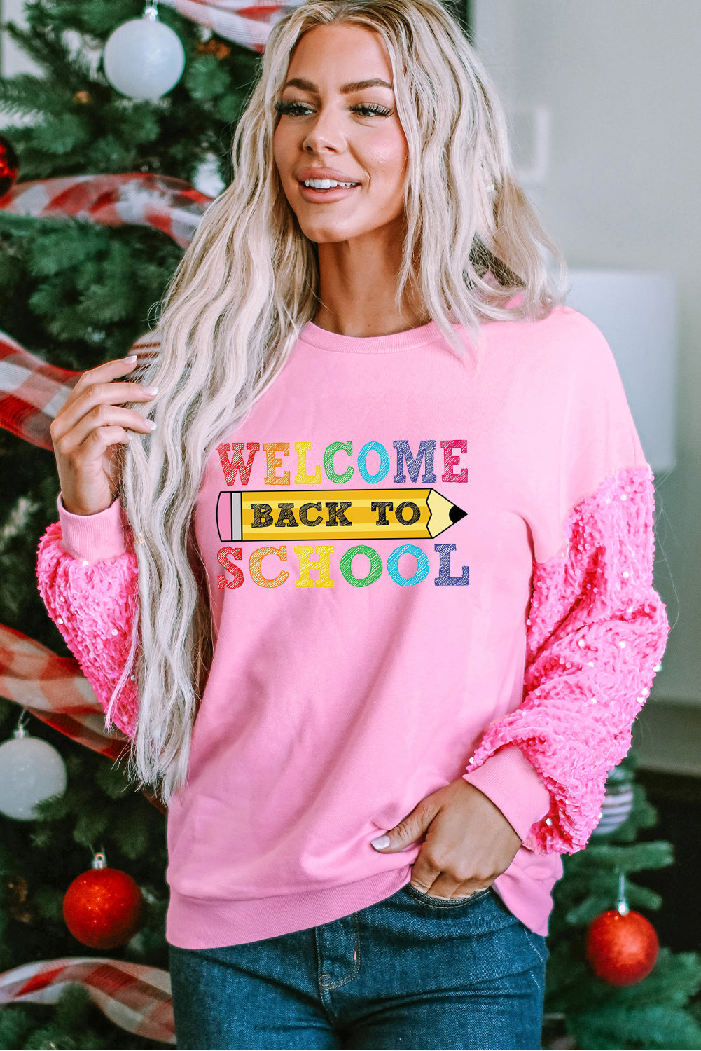 Pink Sequin Sleeve Back to School Graphic Sweatshirt