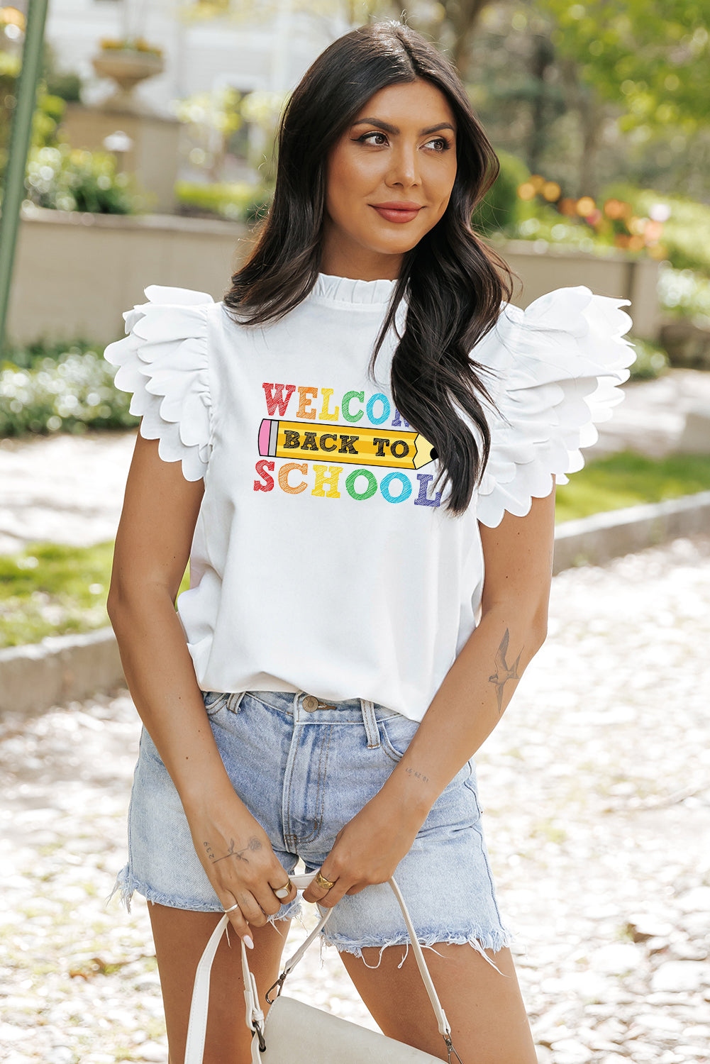 Bright Pink Ruffle Sleeve Back to School Graphic Top