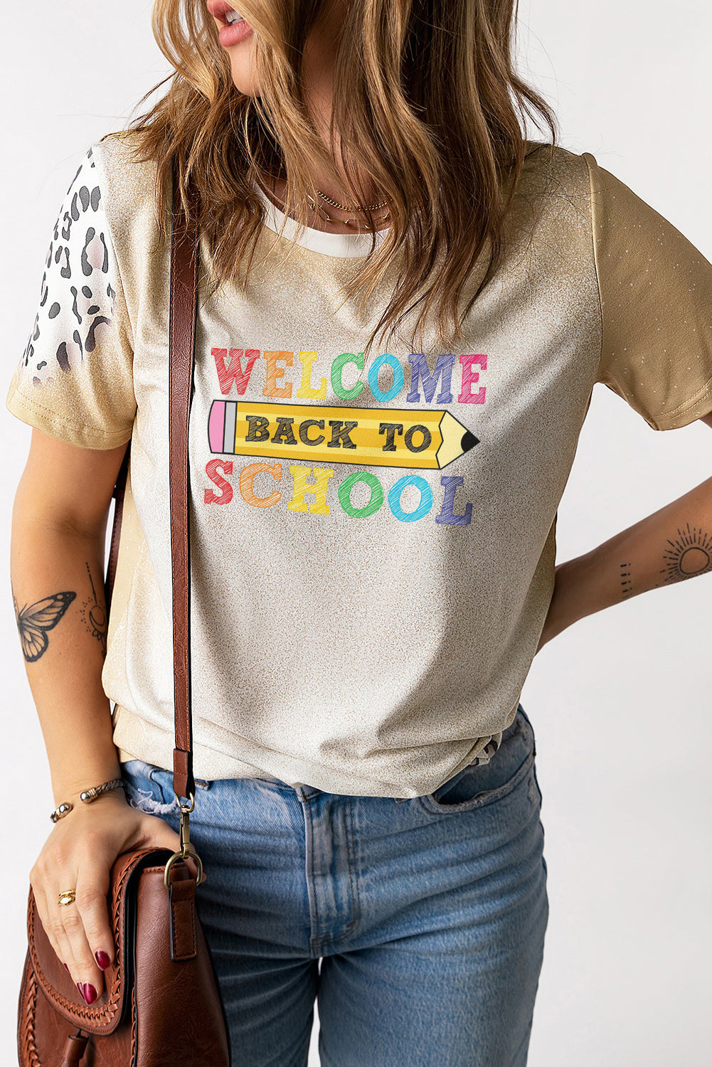 Back to School Bleached Tee with Leopard Accent Sleeves