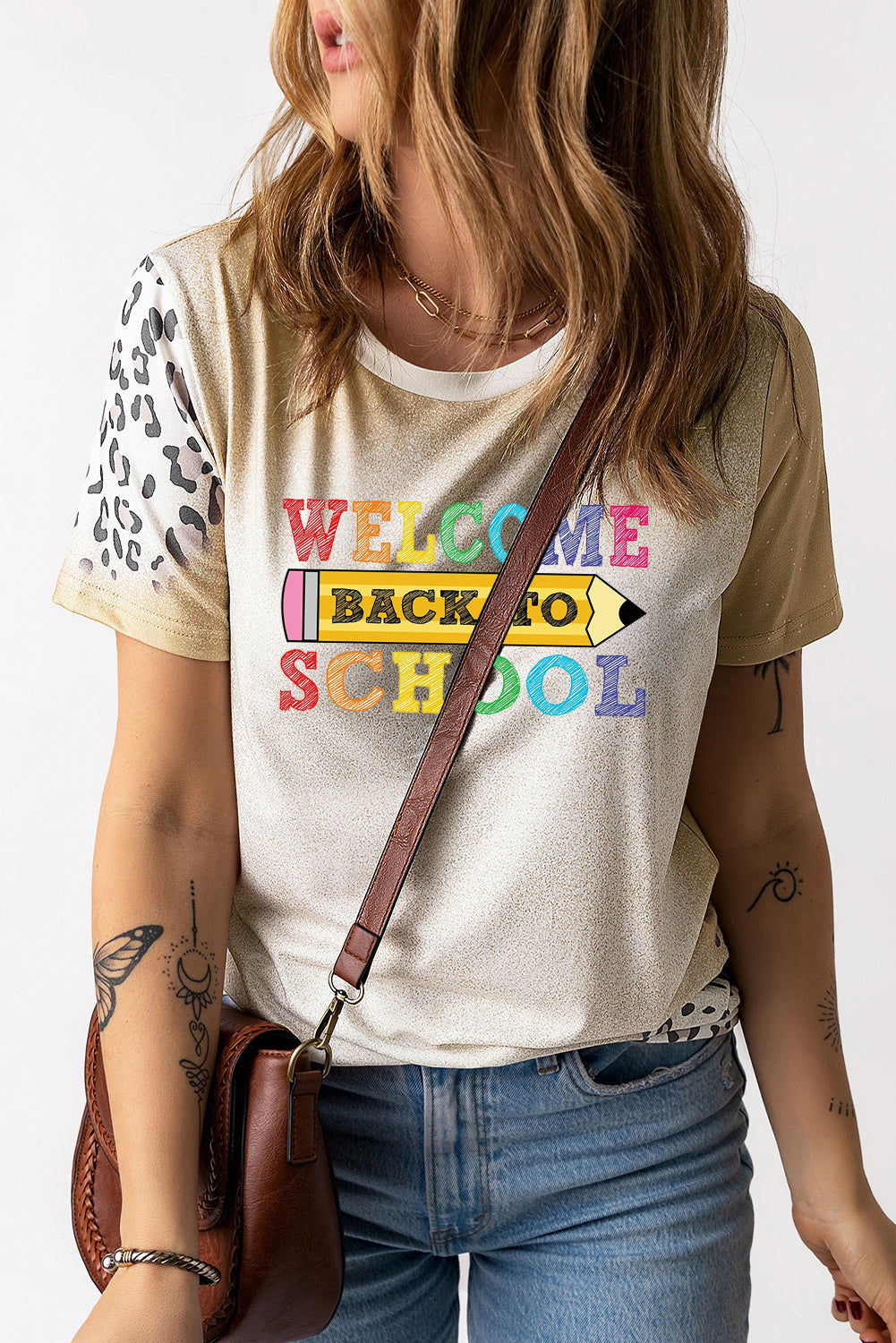Back to School Bleached Tee with Leopard Accent Sleeves