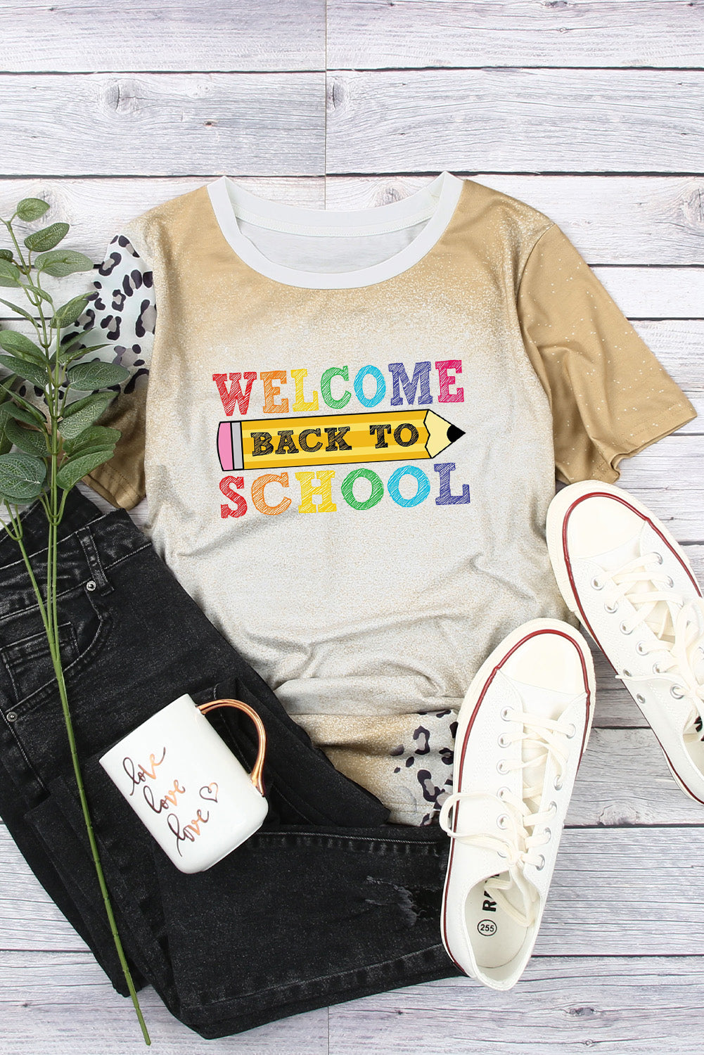 Back to School Bleached Tee with Leopard Accent Sleeves