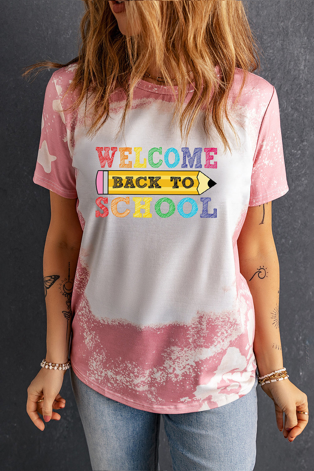 Colorful Back to School Letter Print Casual Bleached Tee