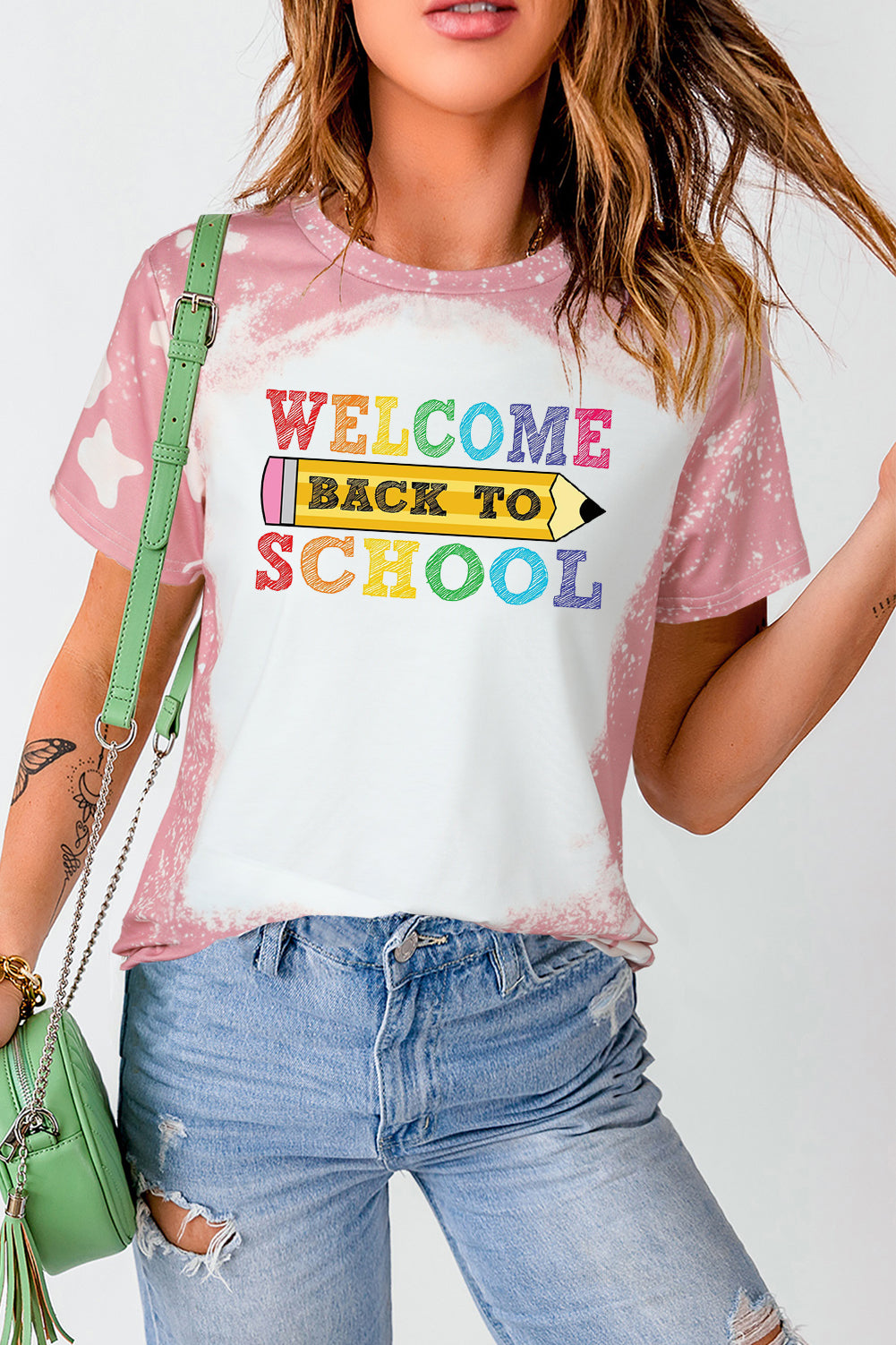 Colorful Back to School Letter Print Casual Bleached Tee