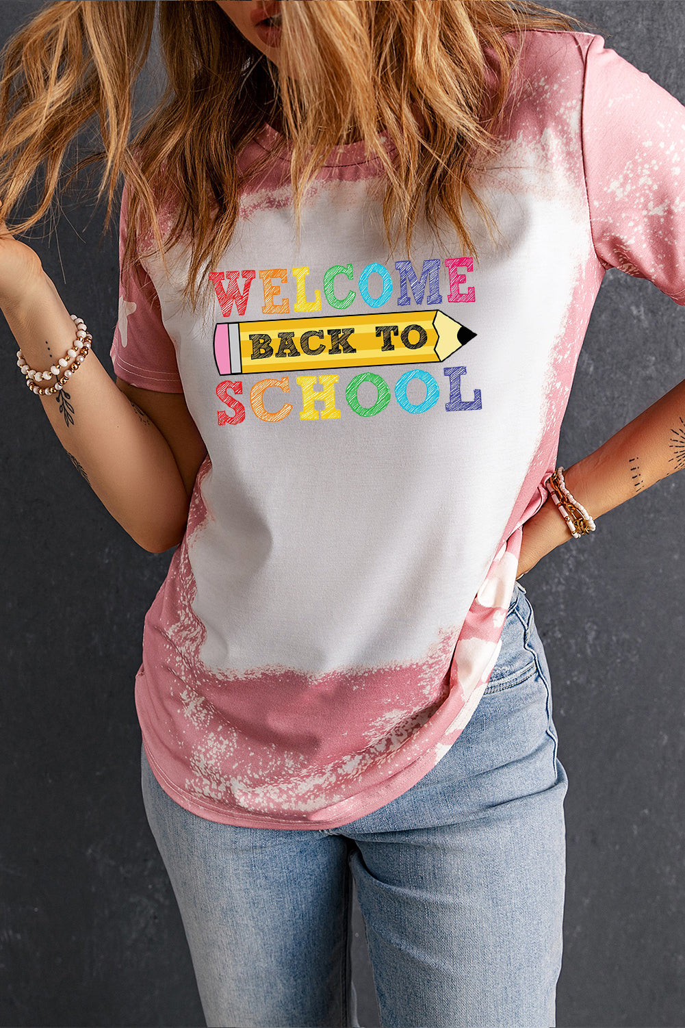 Colorful Back to School Letter Print Casual Bleached Tee