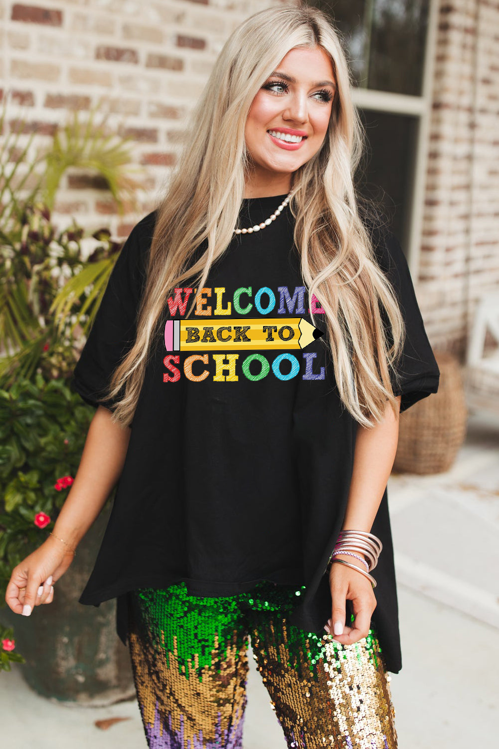 Back to School Oversized Graphic Tee with Pencil Print