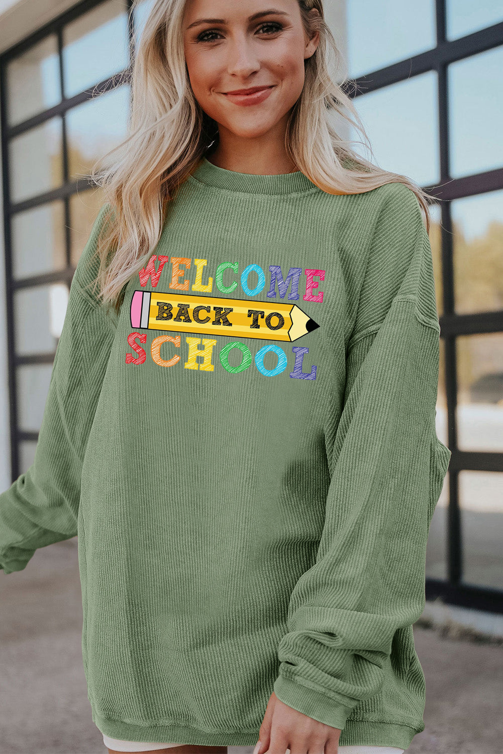 Letter Print Corduroy Long Sleeve School Graphic Top