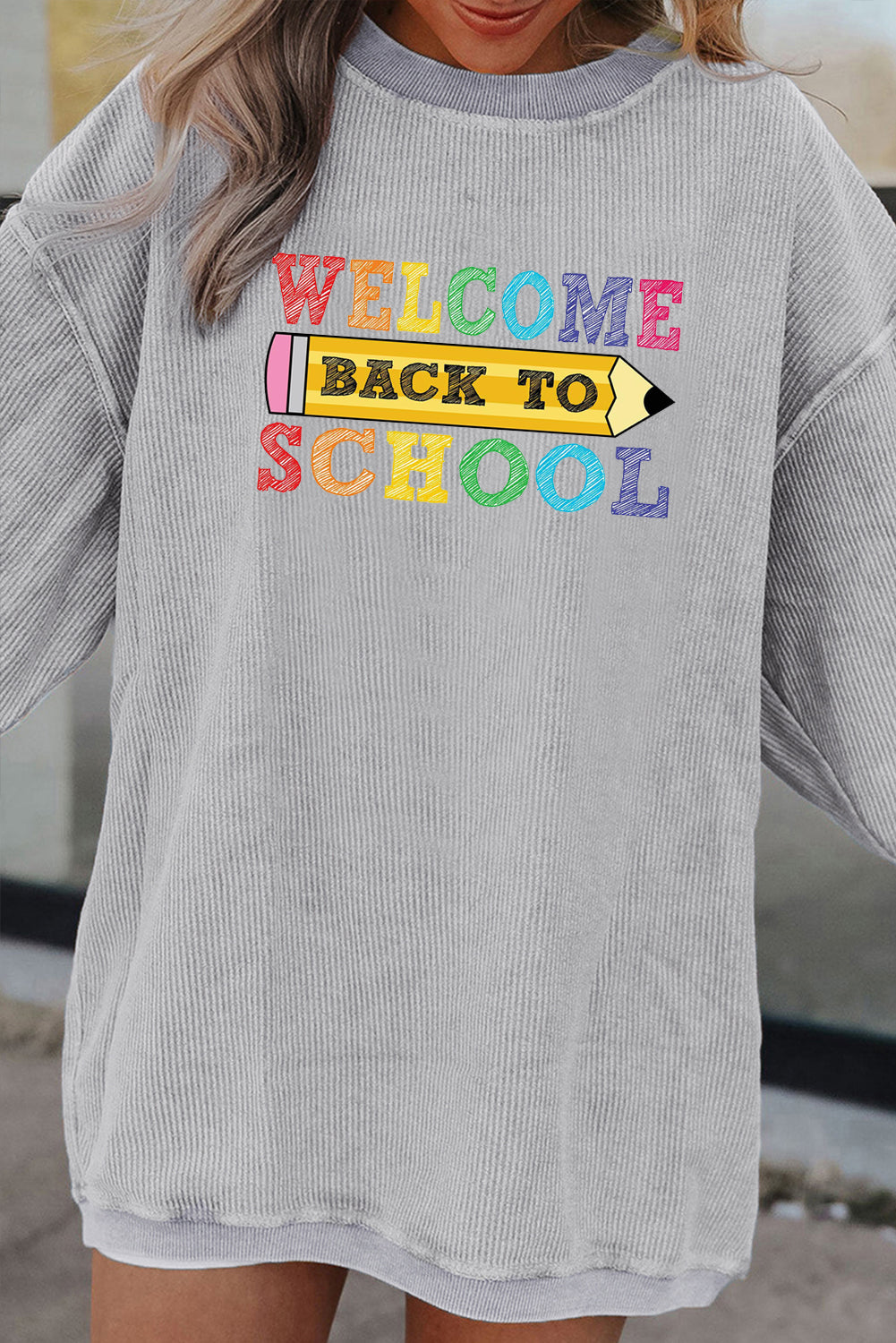 Letter Print Corduroy Long Sleeve School Graphic Top