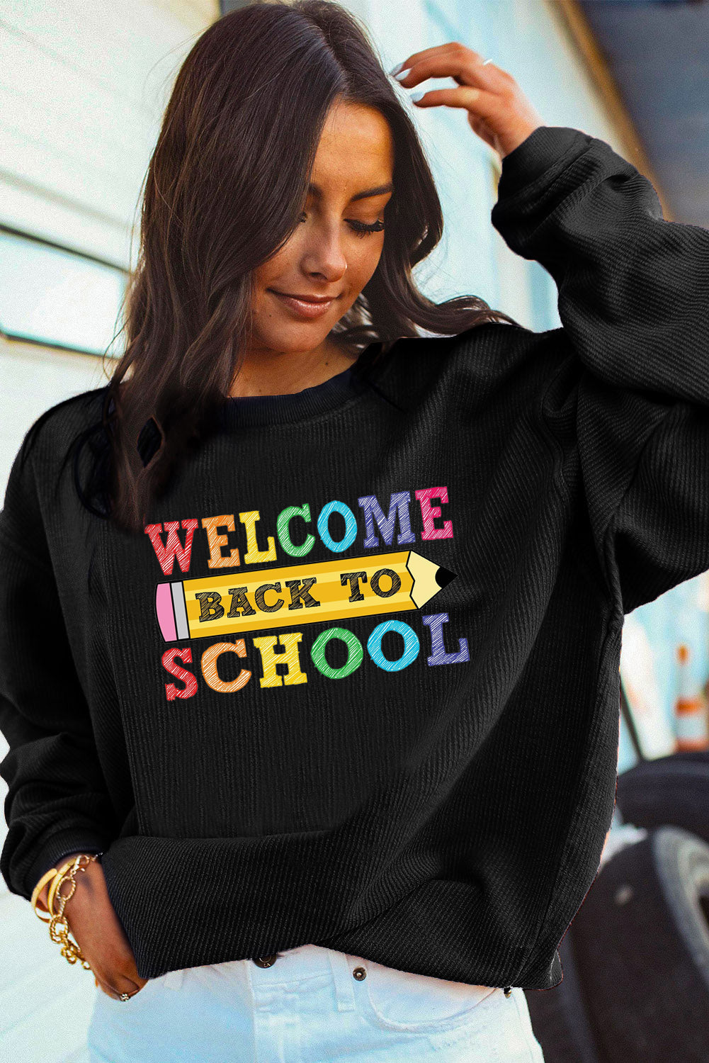 Letter Print Corduroy Long Sleeve School Graphic Top