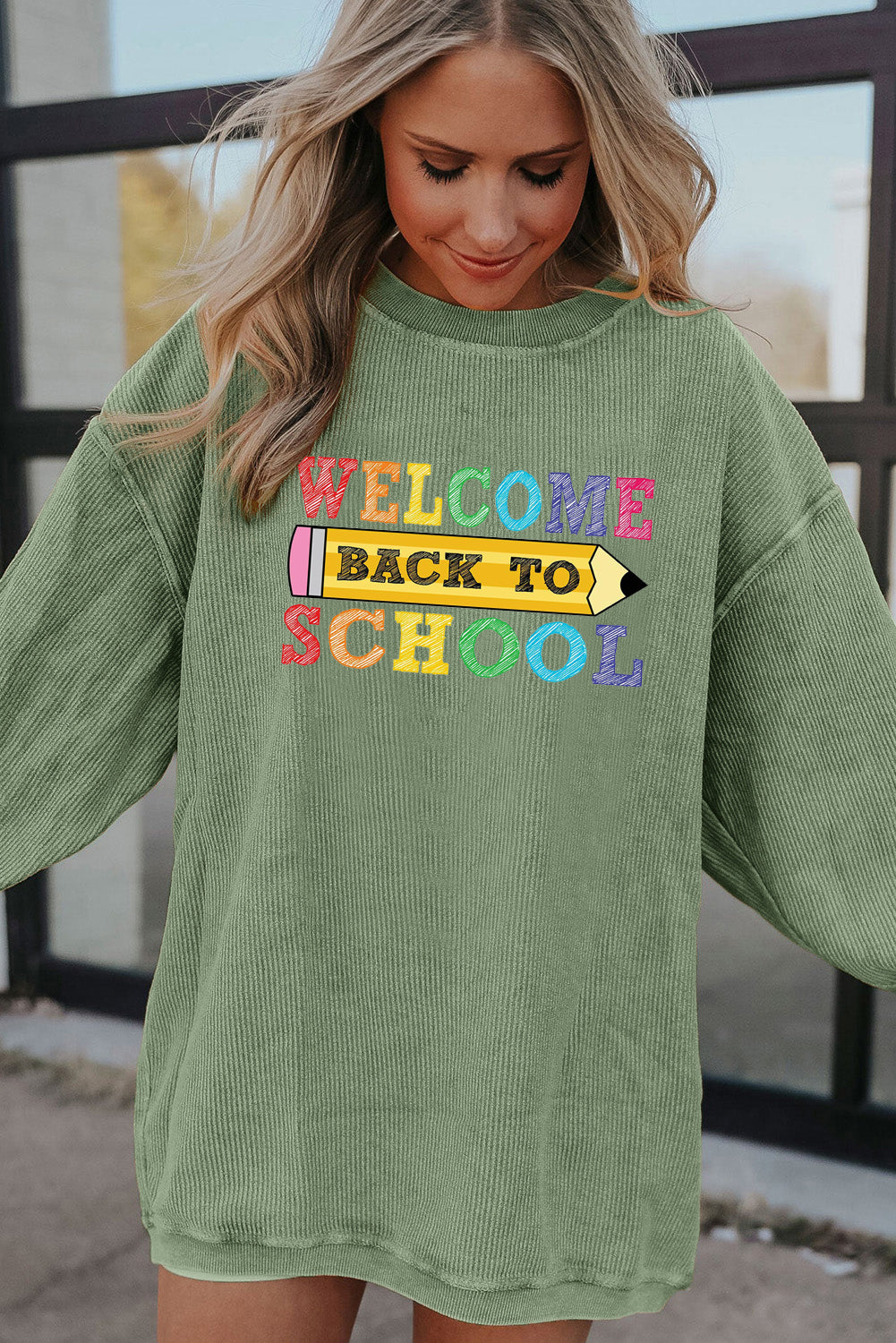 Letter Print Corduroy Long Sleeve School Graphic Top