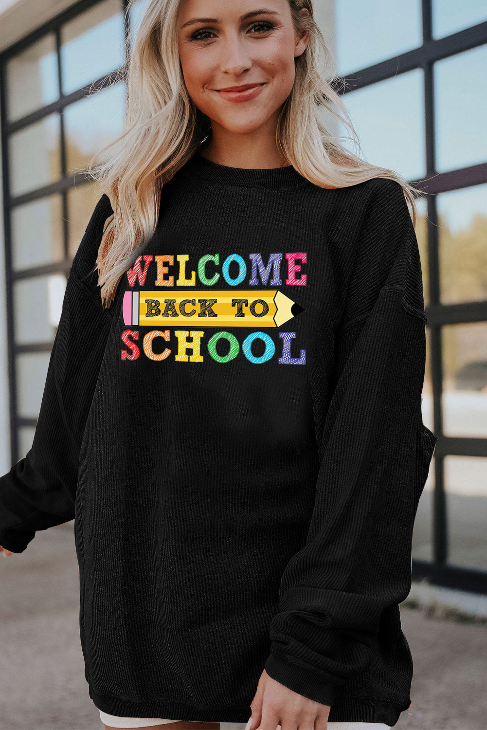 Letter Print Corduroy Long Sleeve School Graphic Top
