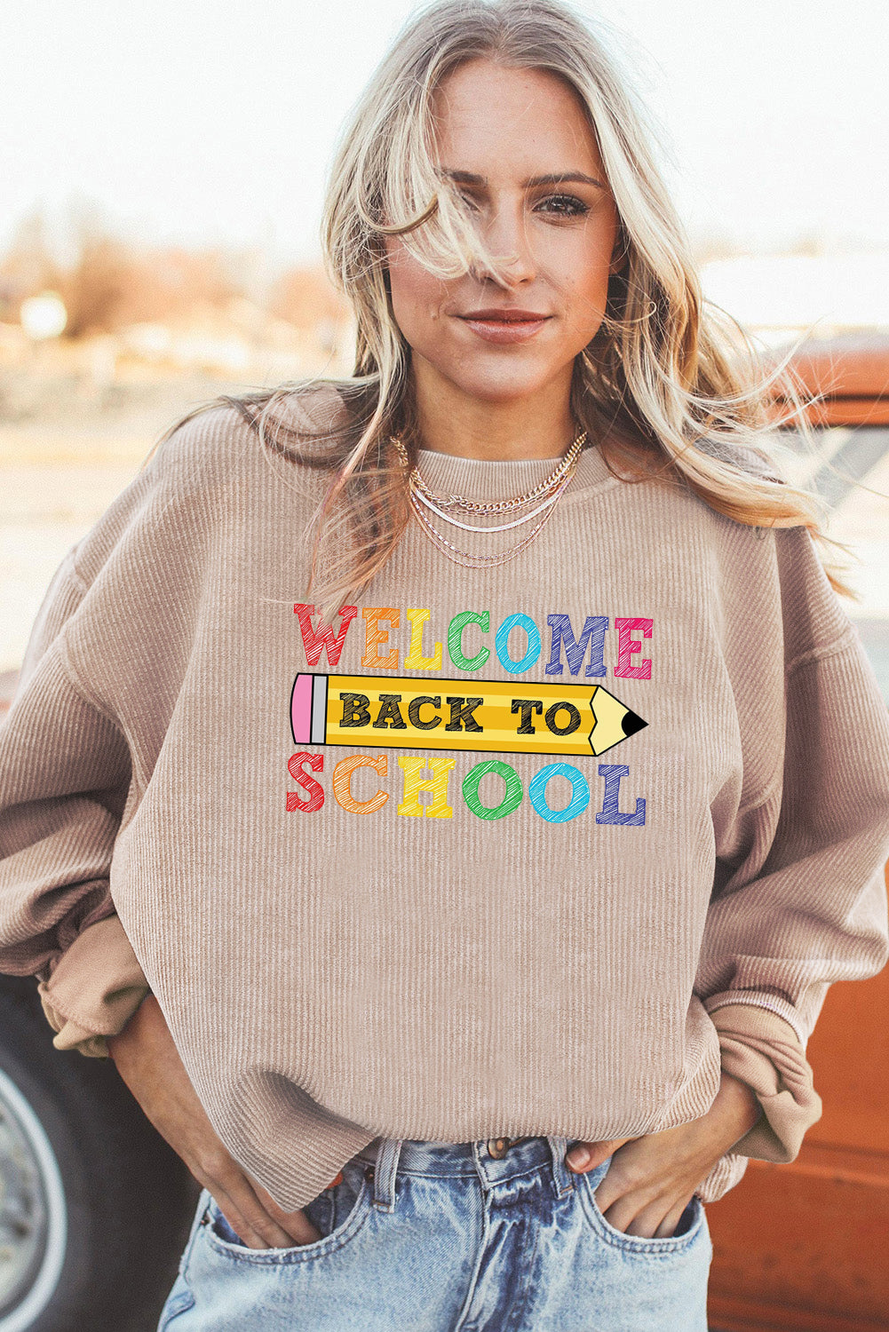 Letter Print Corduroy Long Sleeve School Graphic Top