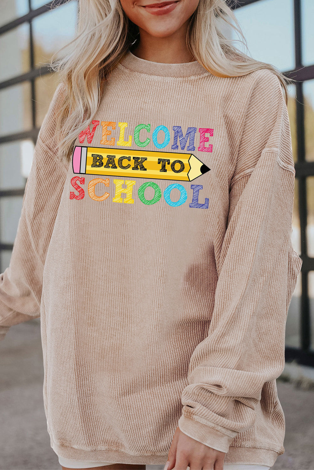 Letter Print Corduroy Long Sleeve School Graphic Top