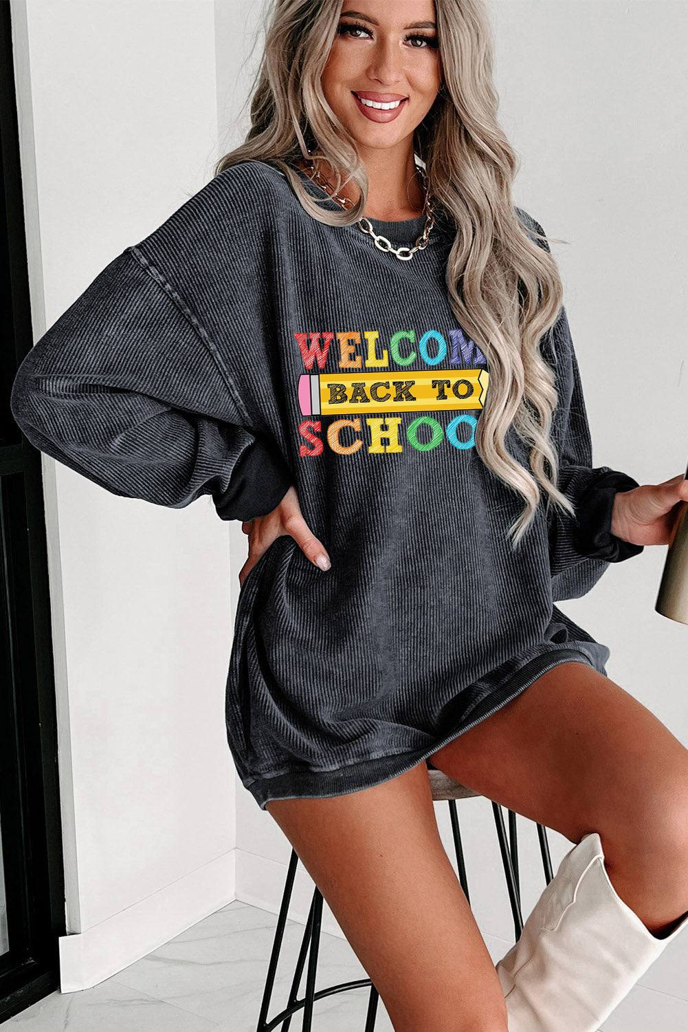 Khaki Ribbed Knit Back to School Graphic Sweatshirt