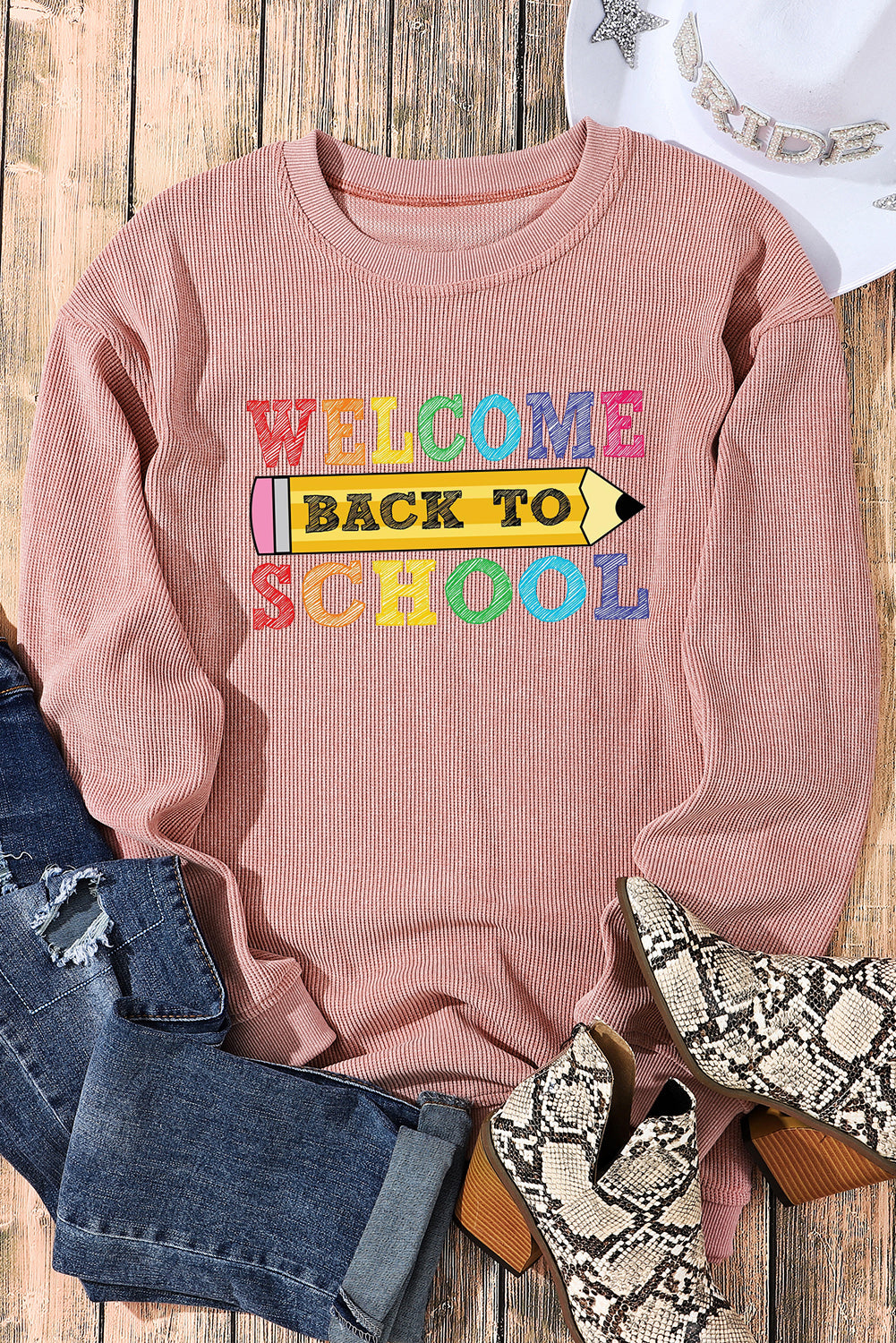 Khaki Ribbed Knit Back to School Graphic Sweatshirt