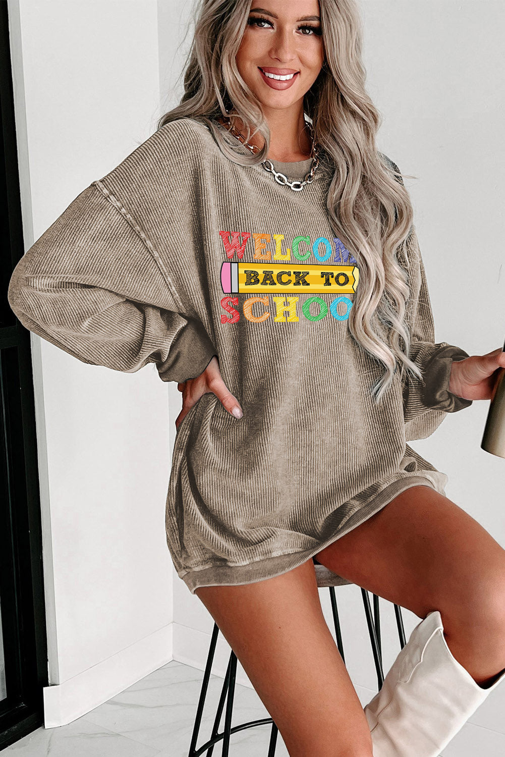 Khaki Ribbed Knit Back to School Graphic Sweatshirt