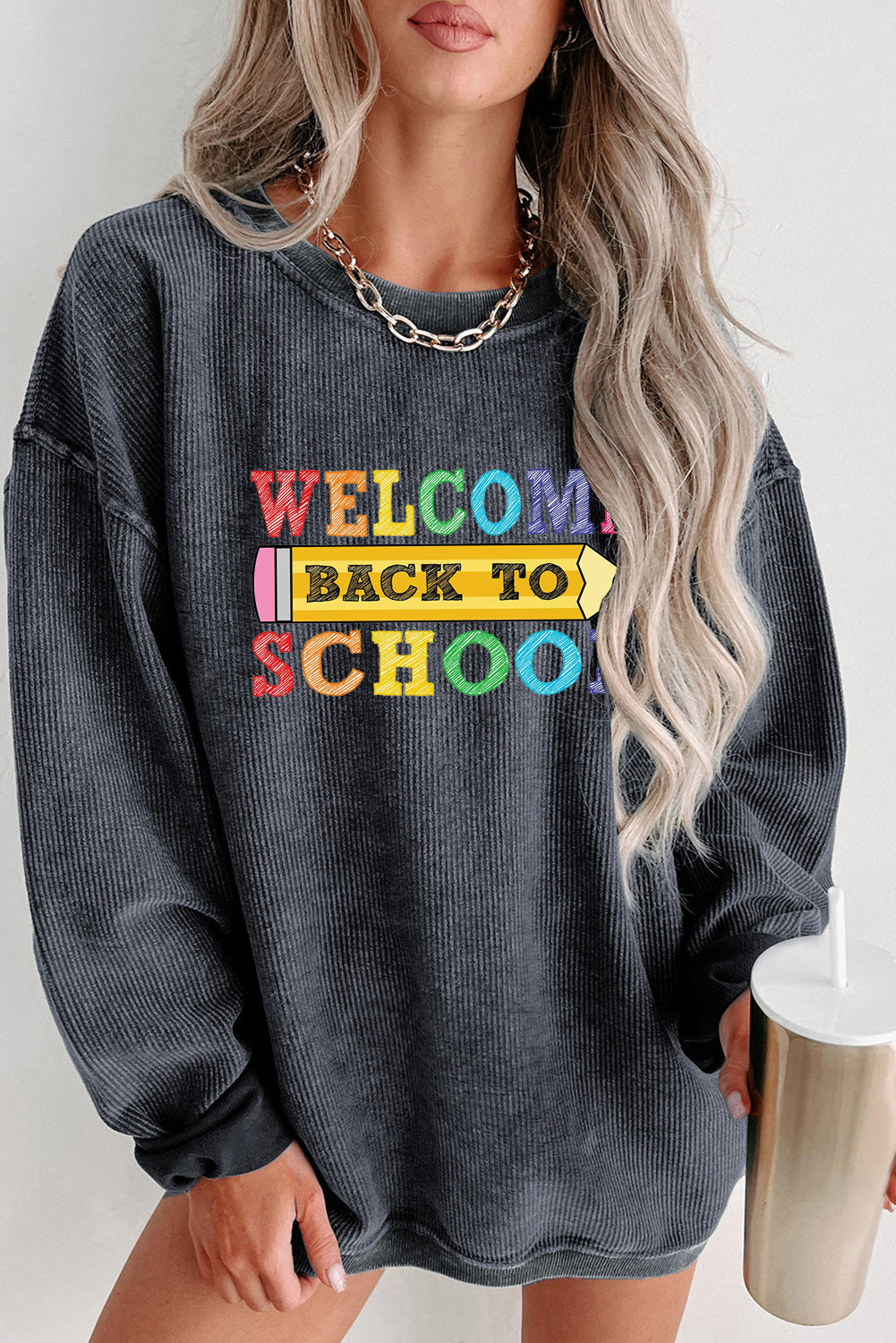 Khaki Ribbed Knit Back to School Graphic Sweatshirt
