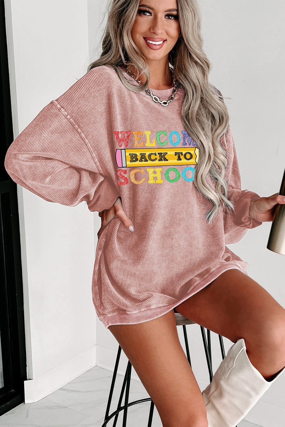 Khaki Ribbed Knit Back to School Graphic Sweatshirt