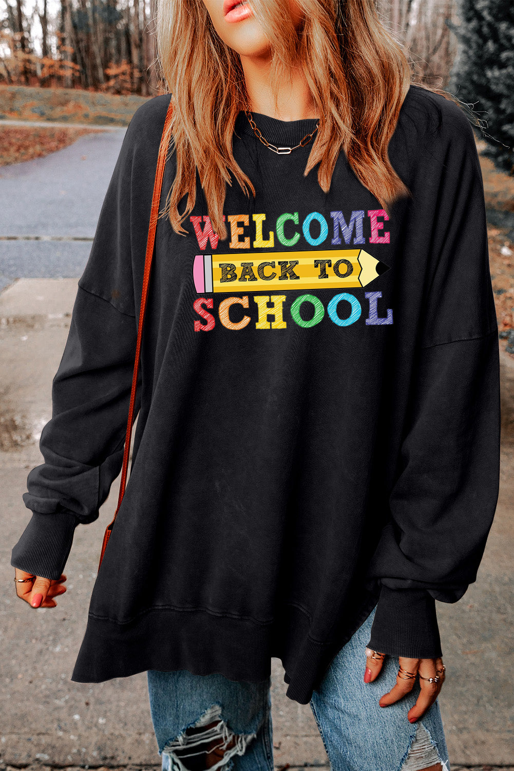Oversized Back to School Sweatshirt with Side Slits