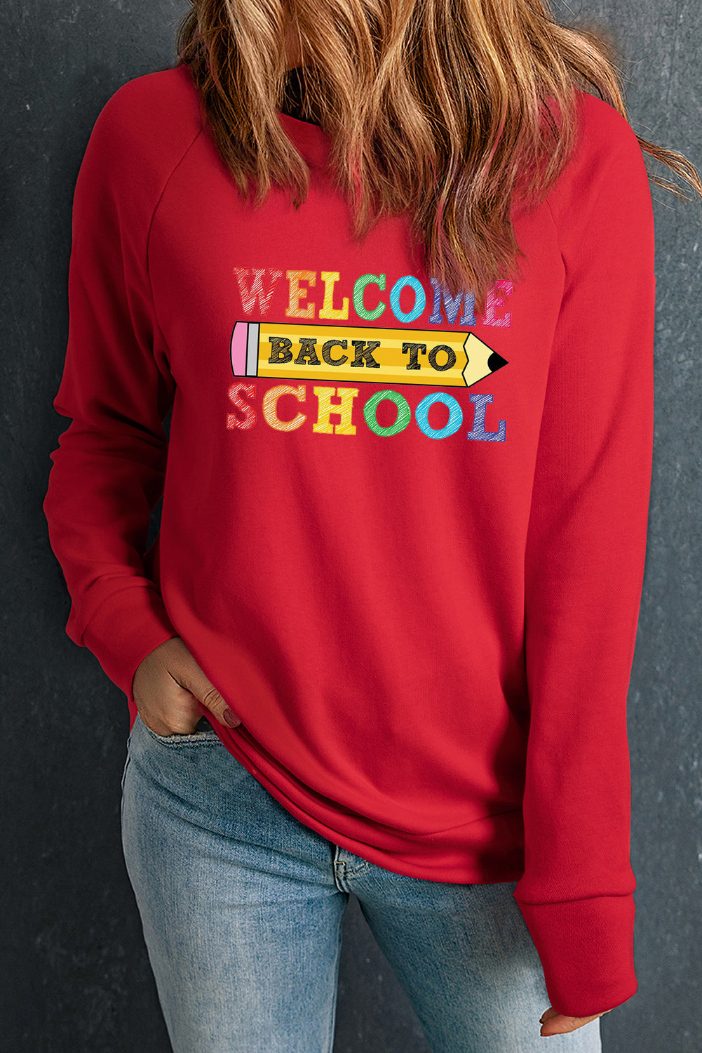 Raglan Long Sleeve Back to School Pencil Print Pullover