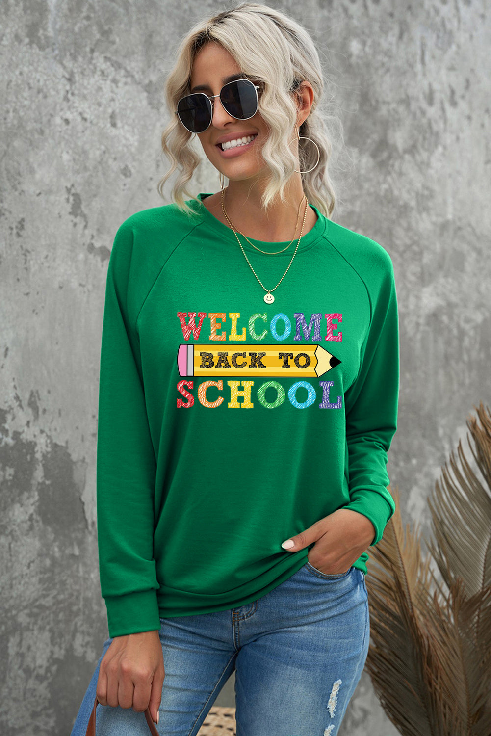 Raglan Long Sleeve Back to School Pencil Print Pullover