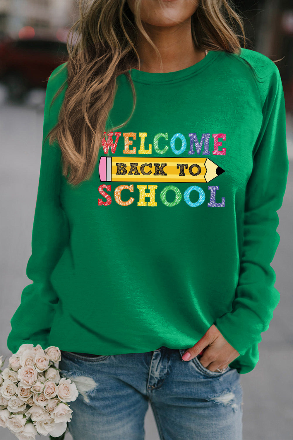 Raglan Long Sleeve Back to School Pencil Print Pullover
