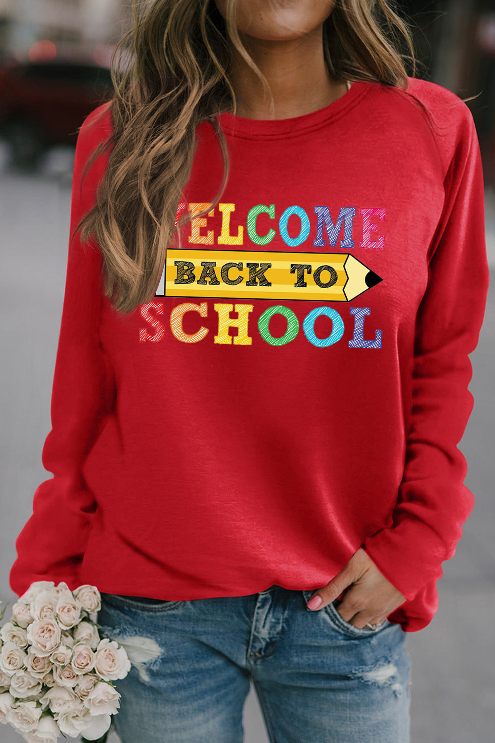 Raglan Long Sleeve Back to School Pencil Print Pullover