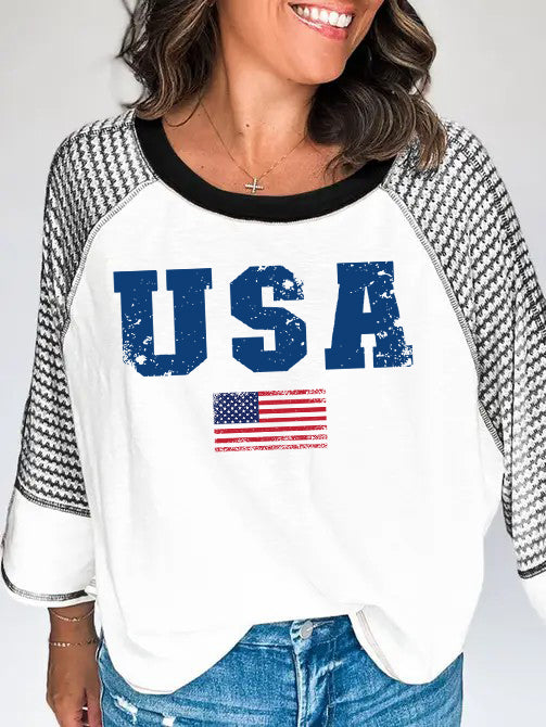 USA Graphic Raglan Top with Houndstooth Sleeves