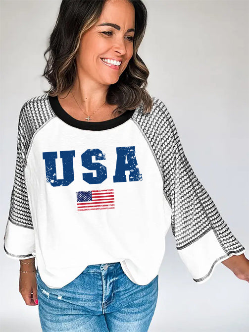 USA Graphic Raglan Top with Houndstooth Sleeves
