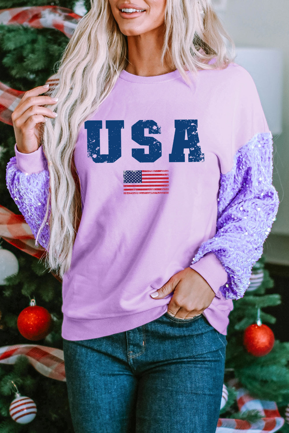Sequin USA Sleeve Pullover Top with Bold Graphic Print