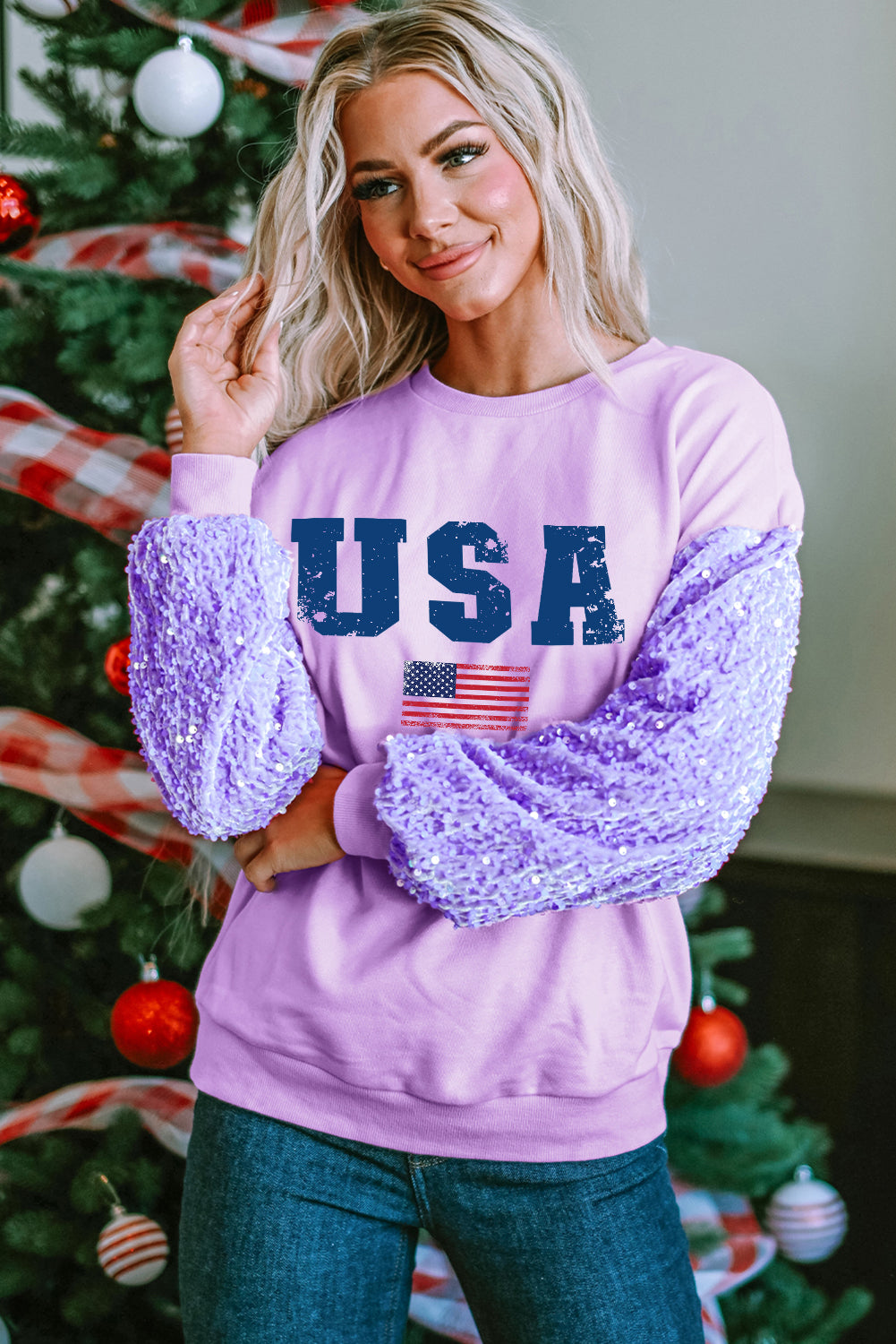 Sequin USA Sleeve Pullover Top with Bold Graphic Print