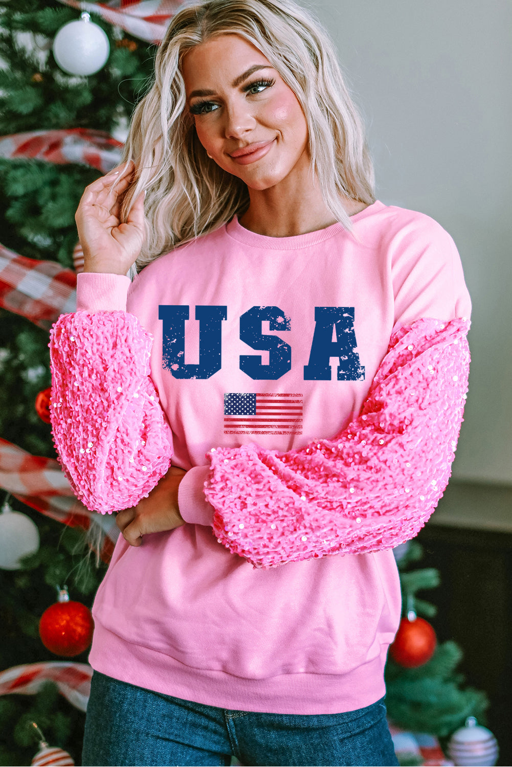 Sequin USA Sleeve Pullover Top with Bold Graphic Print