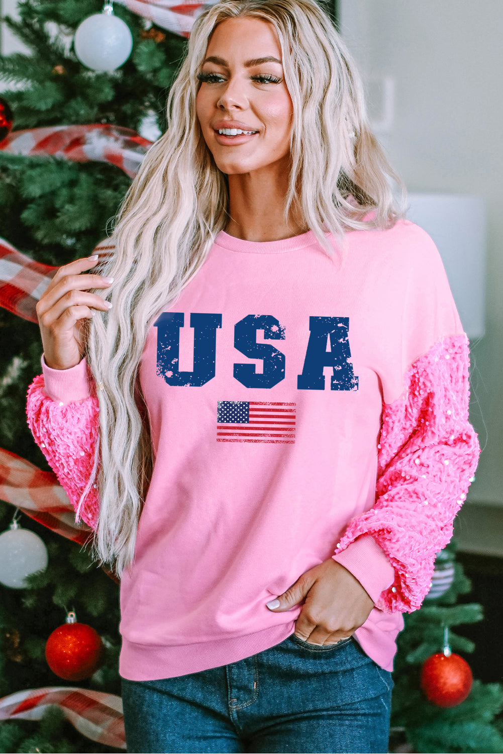 Sequin USA Sleeve Pullover Top with Bold Graphic Print