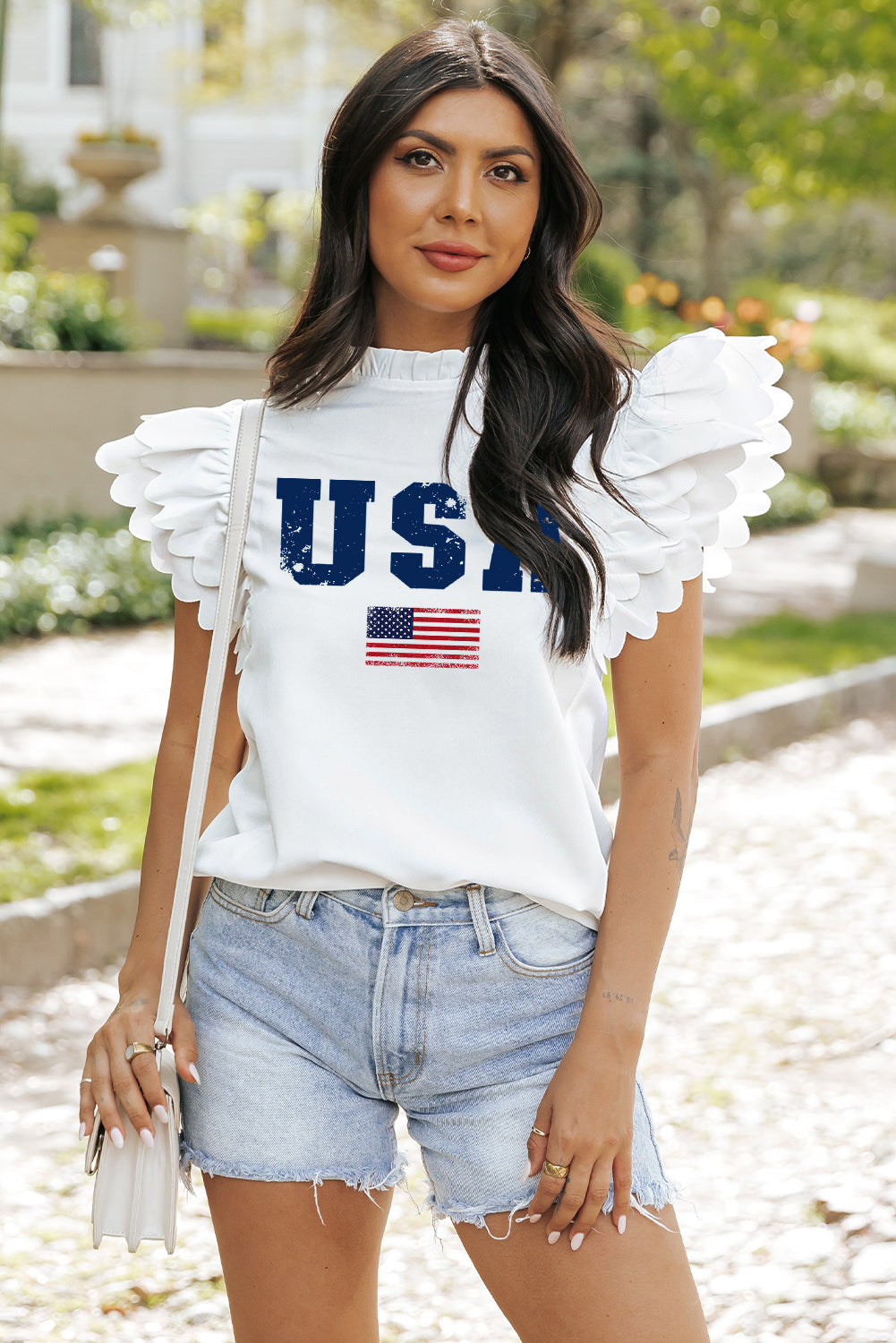American Flag Ruffle Sleeve Tee with Chic Scallops