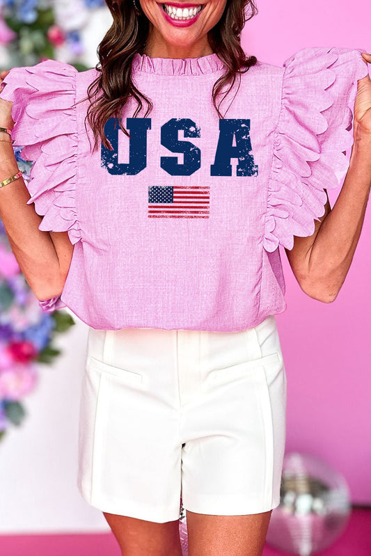American Flag Ruffle Sleeve Tee with Chic Scallops