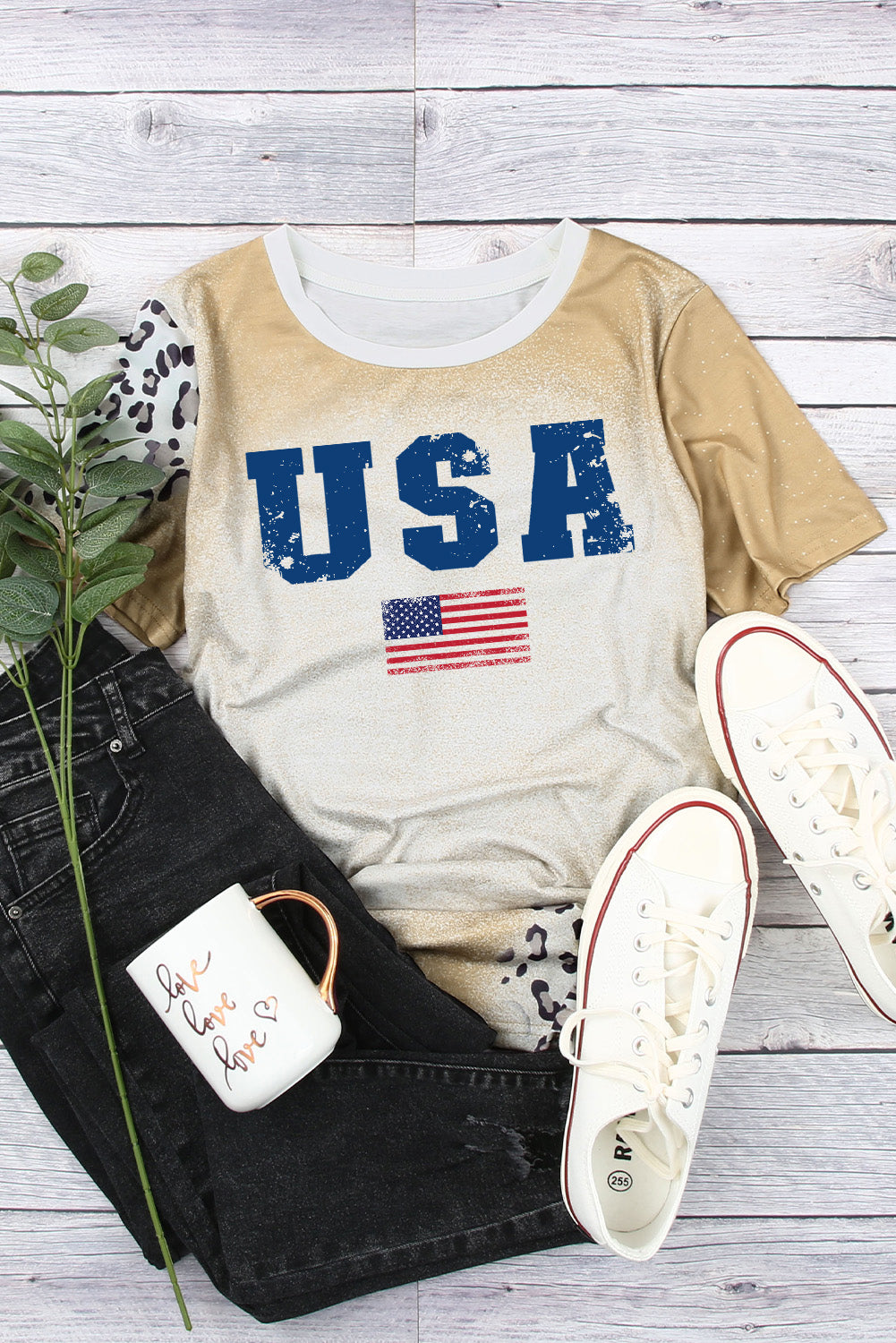 Glitter USA Graphic T-Shirt with Leopard Accent